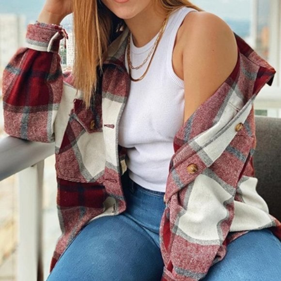 Plaid Button Front Oversized Overshirt / SHACKET - Picture 2 of 7